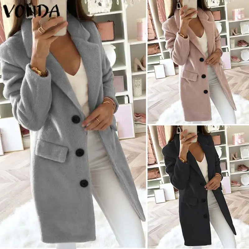 

VONDA 2020 Casual Button Pockets Solid Coats Autumn Winter Basic Trench Long Windbreaker Vintage Blends Coat Plus Size Outerwear