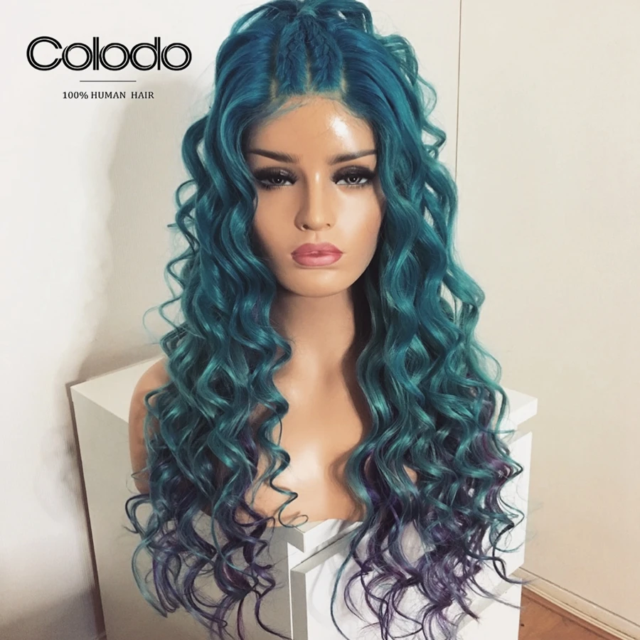 Ombre Blue Колодо серый цвет человеческие волосы парики 130/150 свободная волна фронта шнурка человеческие волосы парики Remy бразильские 13х4 Ombre прозрачный парик шнурка - Цвет: Ombre Blue