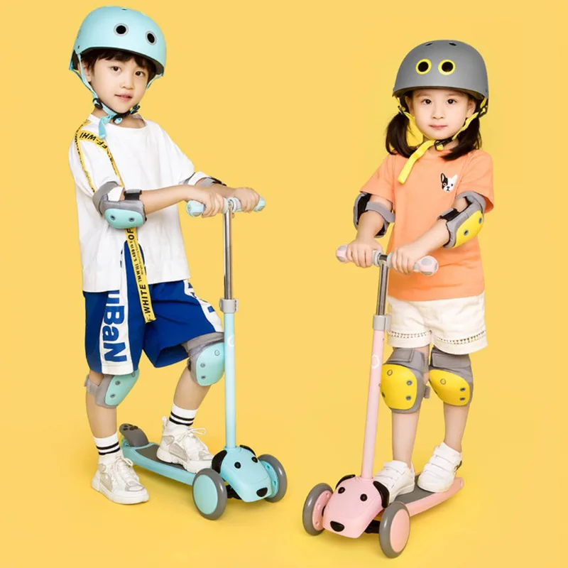

Kids Puppy Shape Adjustable Scooter Outdoor Ride On Toy Car Double Spring Gravity Steering System Flash Anti-Slip Wheel Tricycle