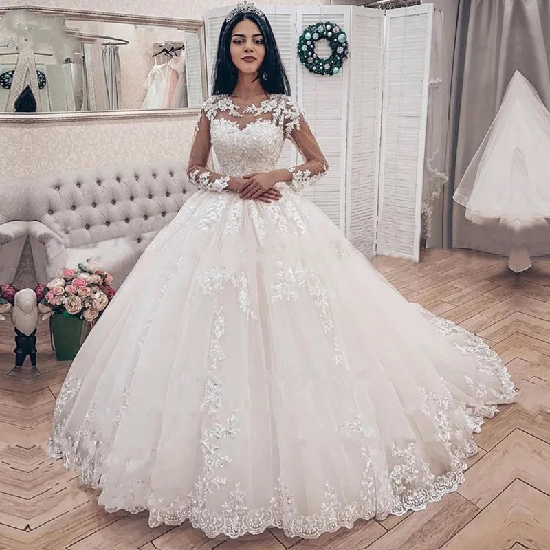 

Wedding Dresses 2020 A Line With Lace Summer Appliqued Luxury Long Sleeve Bridal Gowns vestido De Noiva robe de mariee