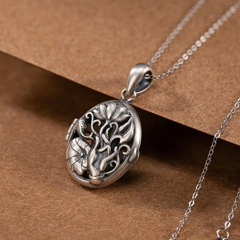 

Vintage Silver Color Hand Carving Hollow Carp Lotus Pendant Necklace Openable Photo Box Necklace Men Women Anniversary Jewelry