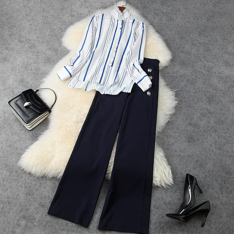 

European and American women's clothing 2021 New Style for Spring Long sleeved striped shirt Button trousers Fashion suits