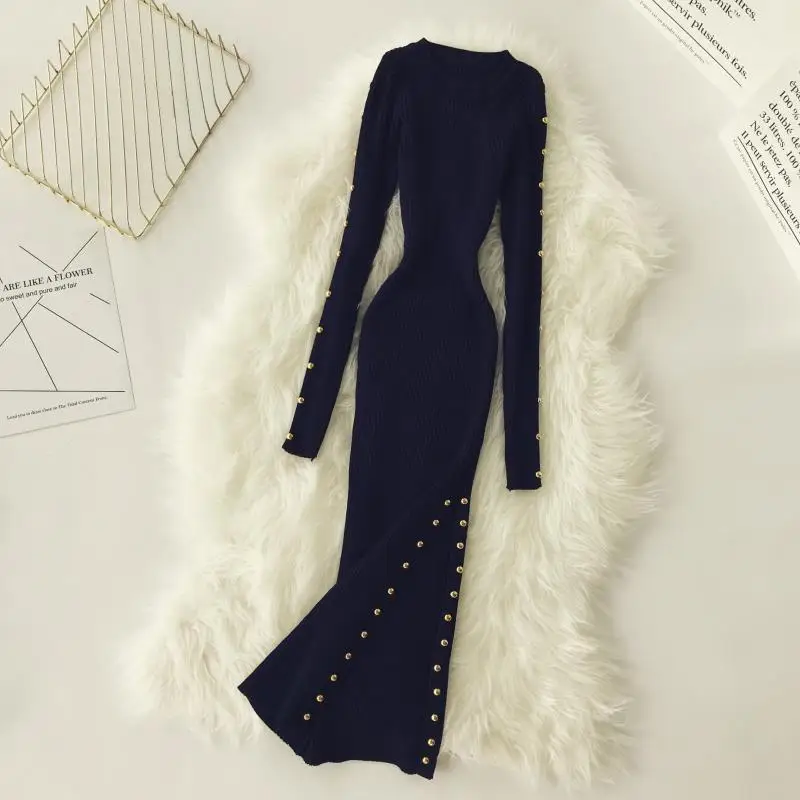 

Women Autumn Bodycon Dress Elegant Knitted Long Sleeve Button Long Dress Fashion Ladies Office Work Dress Vestidos