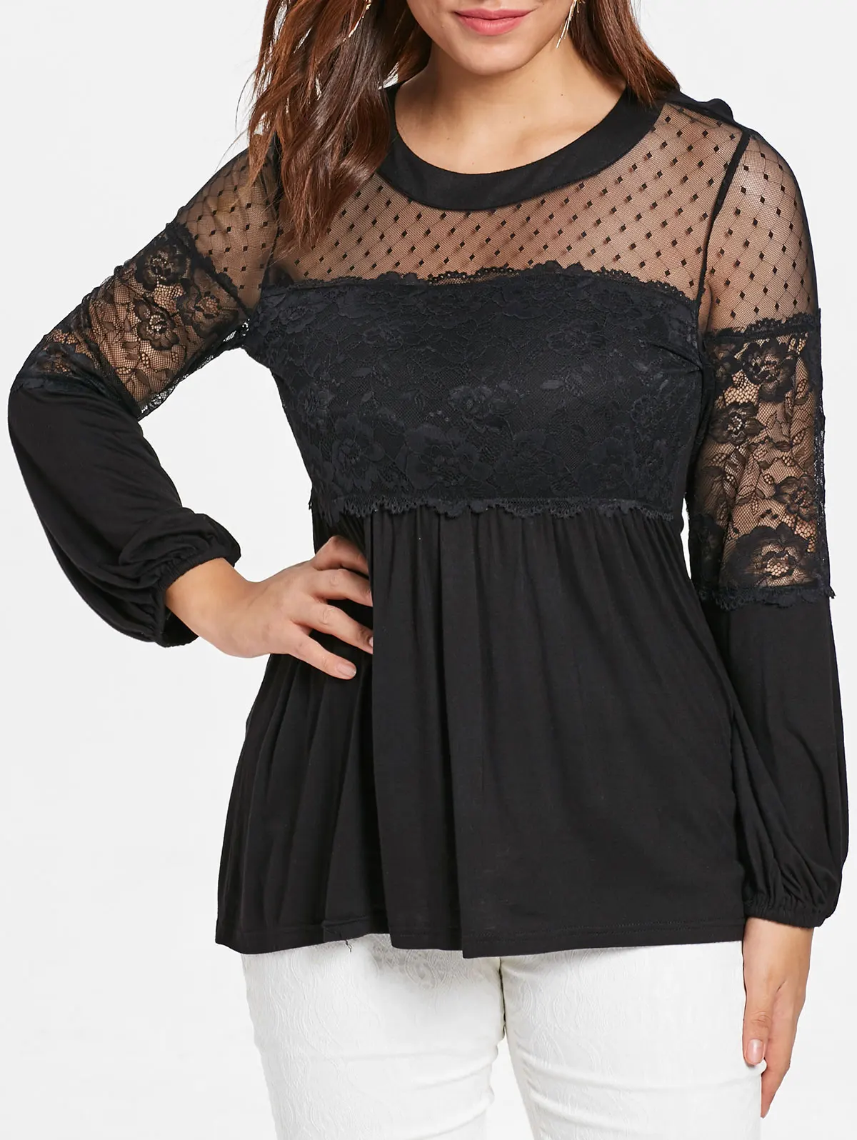 

ROSE GAL Plus Size Sheer Floral Lace Trim Lantern Sleeve Tunic T-Shirt O Neck Empire Waist Tee Top Casual Solid Women Clothing