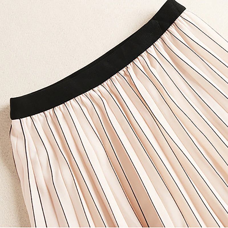 AELESEEN Office Lady Striped Twinset Autumn Elegant Contrast Color Top+ Elastic Waist Luxury Pleated Mid-Calf Skirt Suits