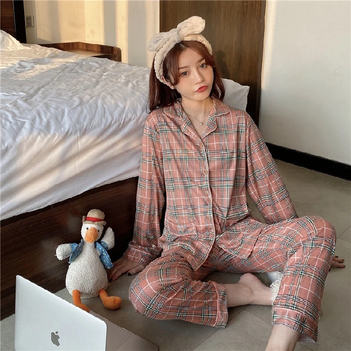 Ladies spring and autumn style net red printed plaid pajamas set lapel long-sleeved trousers 2-piece home service casual pajamas satin pajamas Pajama Sets