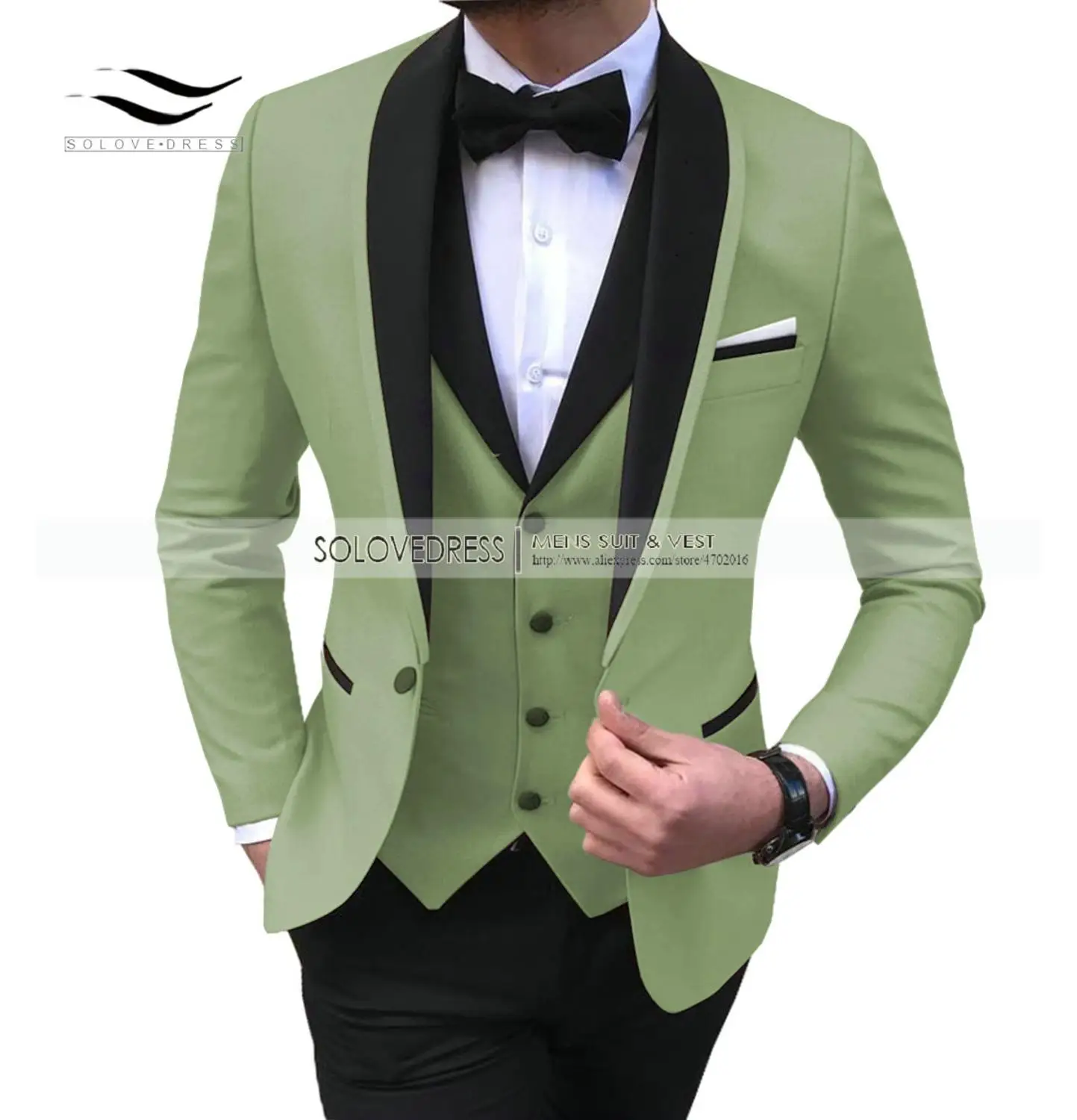 Мужской костюм из 3 предметов, повседневный костюм с отложным воротником, коричневый, белый, мужской костюм для свадьбы, смокинг для женихов(Блейзер+ жилет+ брюки - Цвет: Tea Green