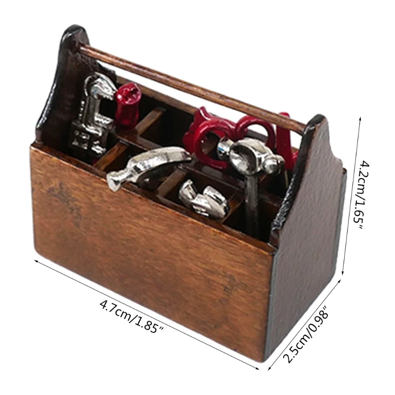 Miniature Wooden Box With Metal Tool Set Collection For 1/12 Dollhouse Decoration
