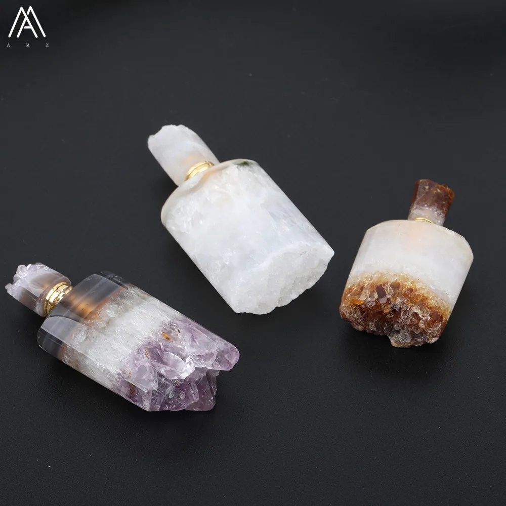 Fashion Women Small Natural Citrines Quartz Irregular Amethysts Quartz Perfume Bottles Gold Copper Chain Necklace EF-DG-72AMFE