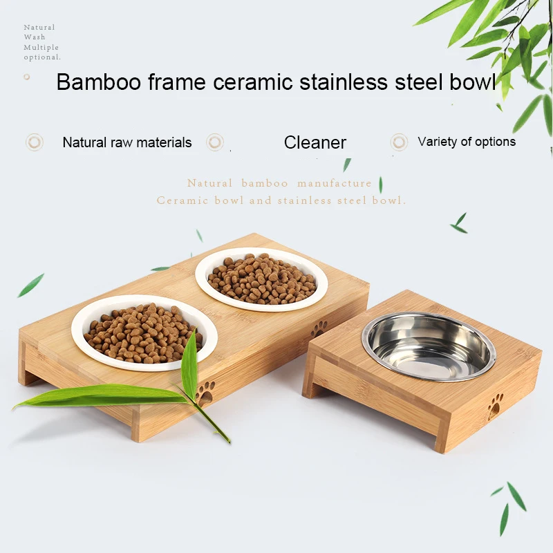 Cat Dog Feeders Bowl Stainless Steel Tableware font b Pet b font Food Water Bowl Bamboo