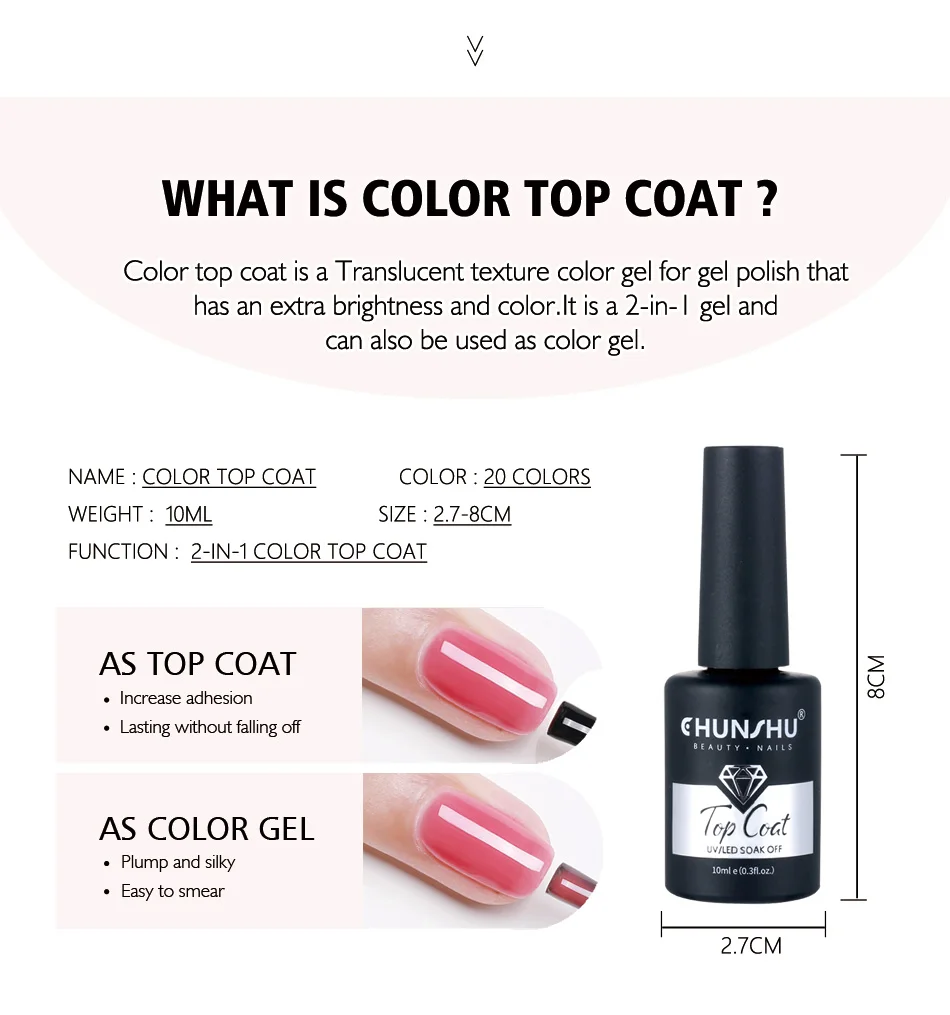 Description Picture 4 of itemCHUNSHU Glazed UV Gel Top Coat 10ml 2in1 No Wipe Translucent Color Varnish Seal Long Lasting High Gloss Semi Permanent Nail Art