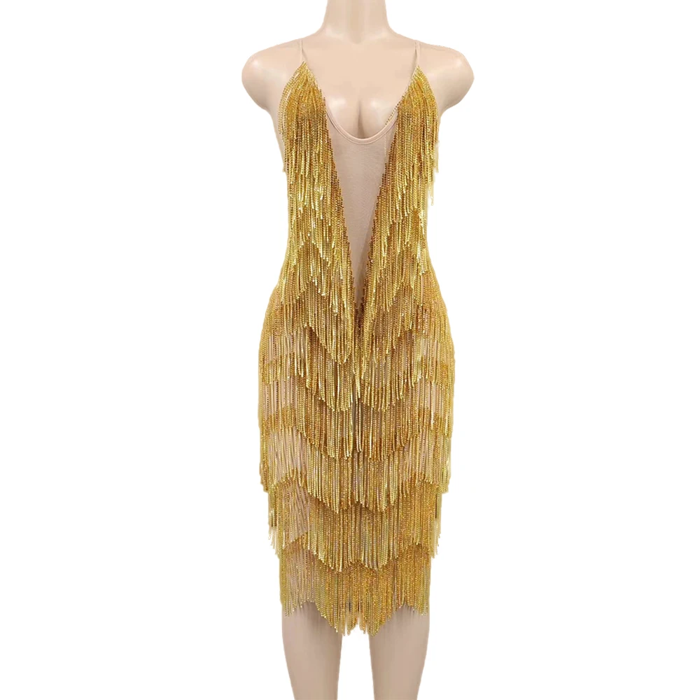 

Sparkly Gold Rhinestone Fringe Transparent Backless Dresses for Women Birthday Celebrate Outfit Women Dancer Show Costumes Dress