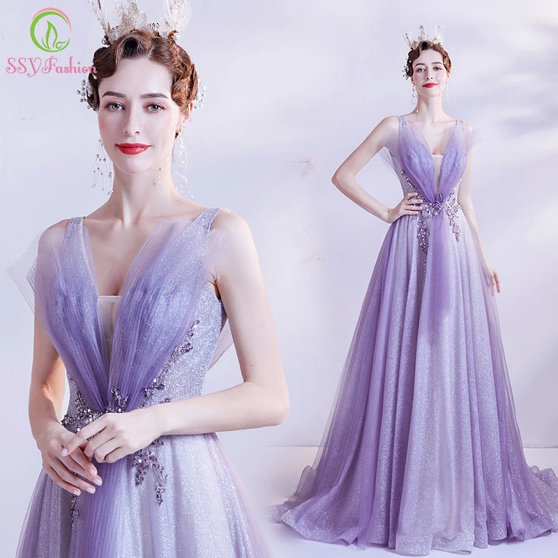 SSYFashion Romantic Light Purple Evening Dress V Neck A Line Sweep Train Lace Appliques Prom 