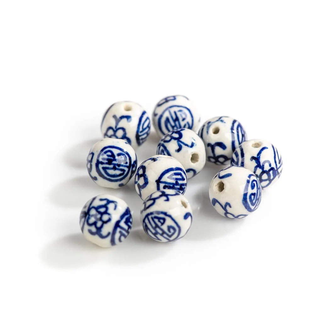 Blue And White Round Porcelain Hand-painted Pottery Beads Retro Painting Special Ceramic Boho Jewelry Part #XN289 plastic beads