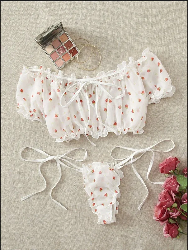 Las nuevas mujeres lencería Sexy sujetador de malla de hombro de traje de la ropa interior de lindo punto inalámbrico Bralette transparente ropa interior Thong