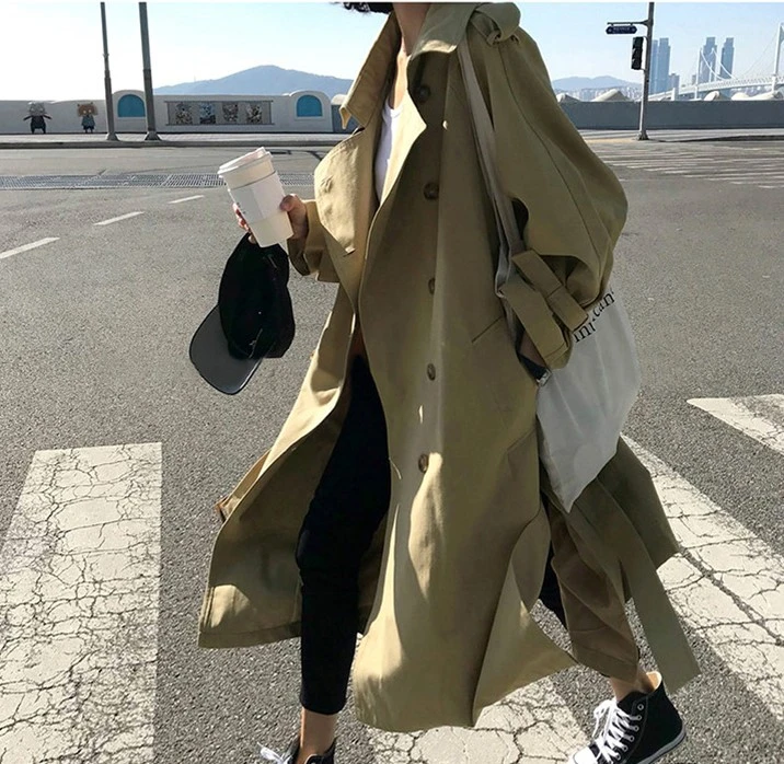 Koop Herfst Nieuwe Vrouwen Casual Trenchcoat Oversized Double Breasted Vintage Uitloper Sjerpen Chic Mantel Vrouwelijke Windjack