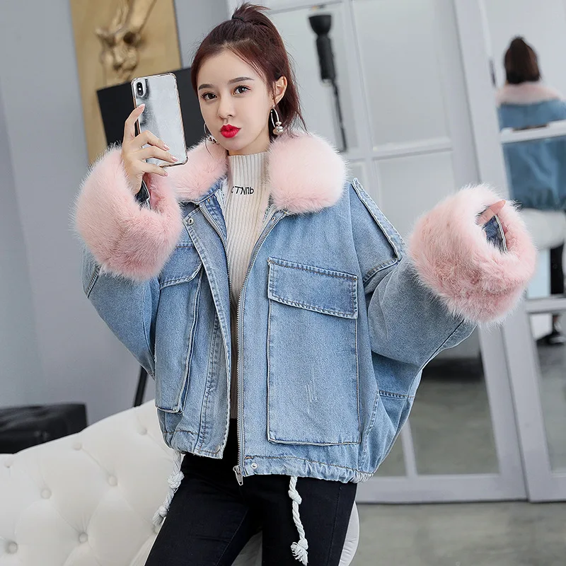 discount  Korean Thicken Women Jeans Jacket Winter 2019 Long Batwing Sleeve Big Fur Collar Warm Ladies Loose 