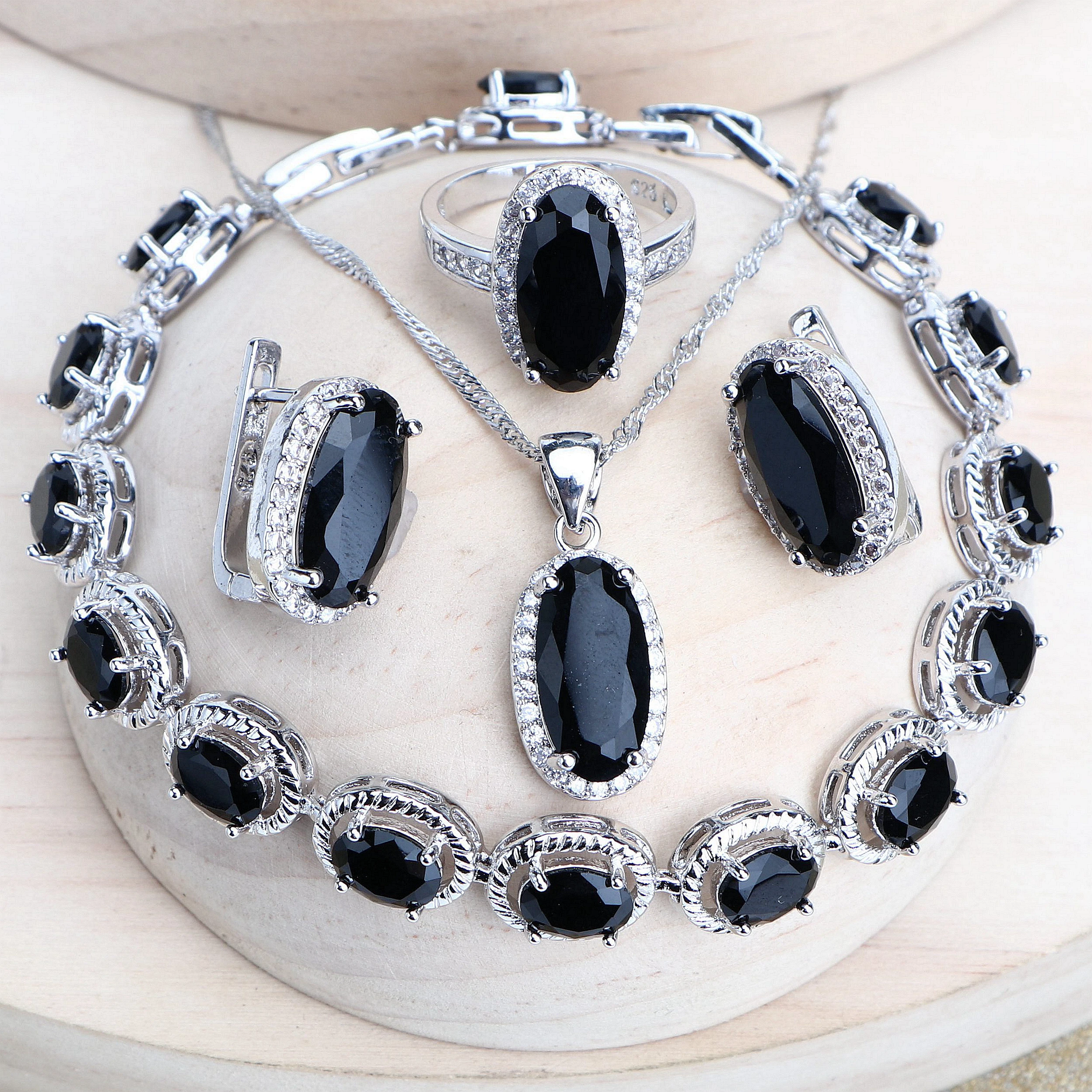 Trendy Women Bridal Jewelry Sets Silver 925 Black Cubic Zirconia Jewellery Wedding Earrings Rings Bracelets Pendant Necklace jewelry set,silver jewelry,silver jewelry set