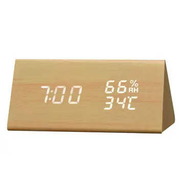 

Humidity and Temperature Alarm Clock Triangle Digital Baby Room Wood Clock Mute Luminous LED Electronic Gift