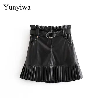

Women PU Leather Hem Pleated Ruffles Patchwork Black Mini Skirt Faldas Mujer Ladies Pockets Vestidos Casual Sashes Skirts