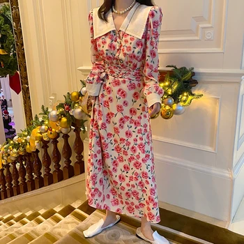 

Women Dresses 2020 Spring and Summer New Retro Lapel Long Sleeve Flower Print Women's Dress