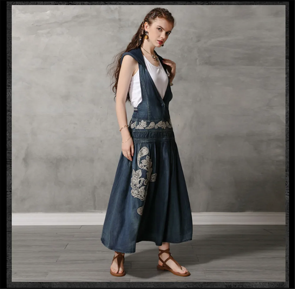 Vintage Hooded Women Dress 2019 Summer Denim Dresses Embroidery V-Neck Loose A-line Long Vestidos Femininas Woman Dress 82109 (15)
