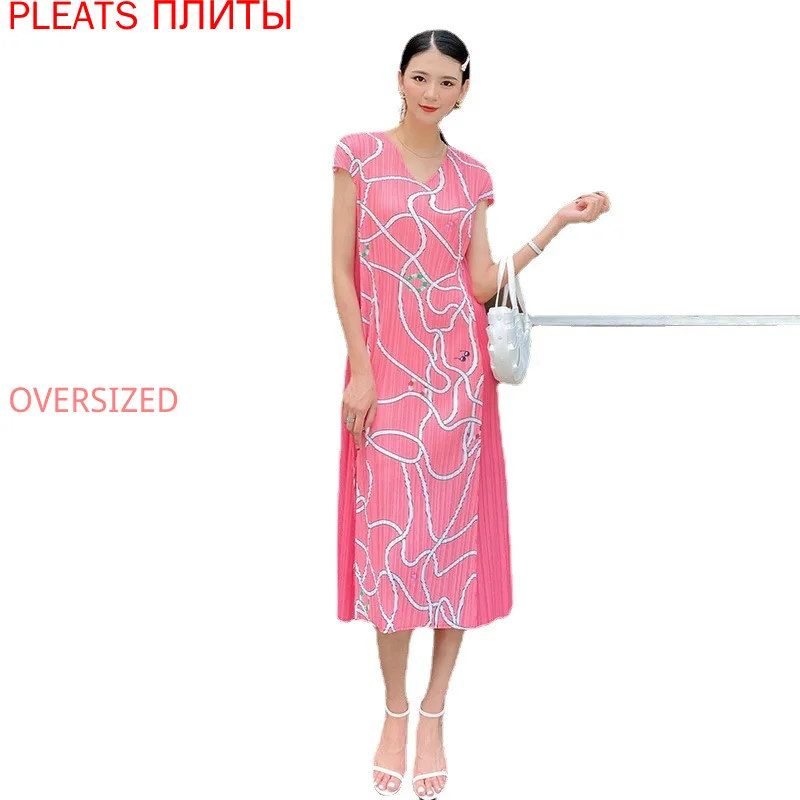 

Miyake-Blue Mid-length Dress, Short-Sleeved, Pleated Stitching Dress, Temperament Commuter, Print, Elegant, Summer, New