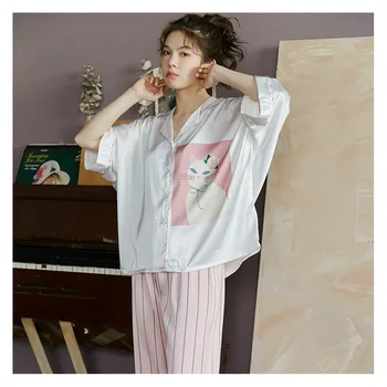 

Lisacmvpnel Batwing Sleeve Women Pajamas Cat Print Long Sleeve Trousers Suit Pyjamas