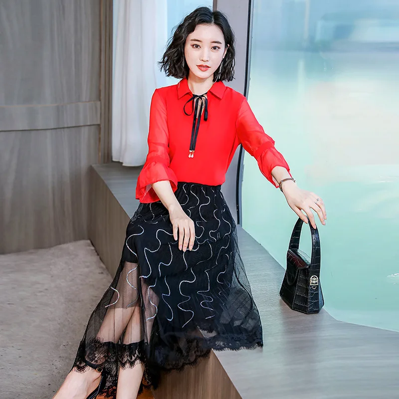 

2019 Summer New Style WOMEN'S Dress Elegant Western Style Shirt Gauze Skirt Two-Piece Set