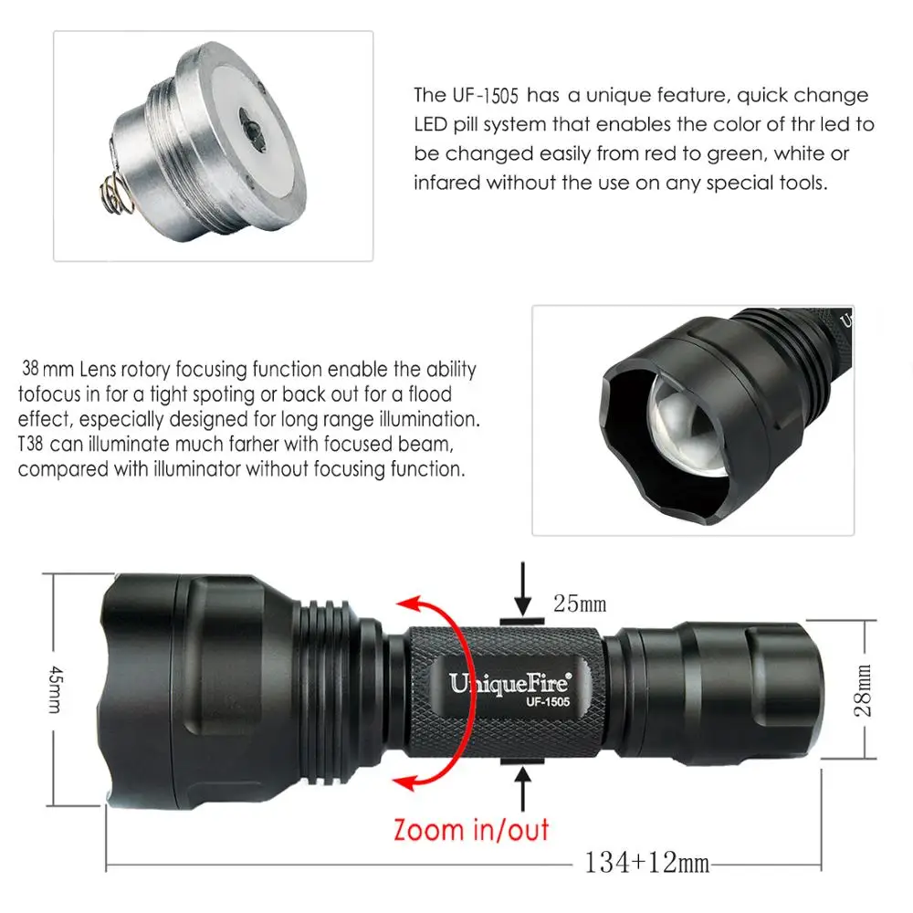 Уникальная светодиодная лампа вспышка 1505 XPE G/R/W масштабируемая с асферической