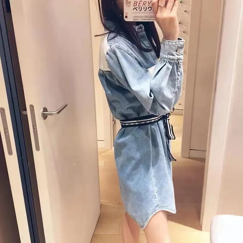 

Single M Home Autumn New Style WOMEN'S Dress Contrast Color Joint Patch Pocket Lace-up Cowboy Collar Shirt-Style Retro Long-slee