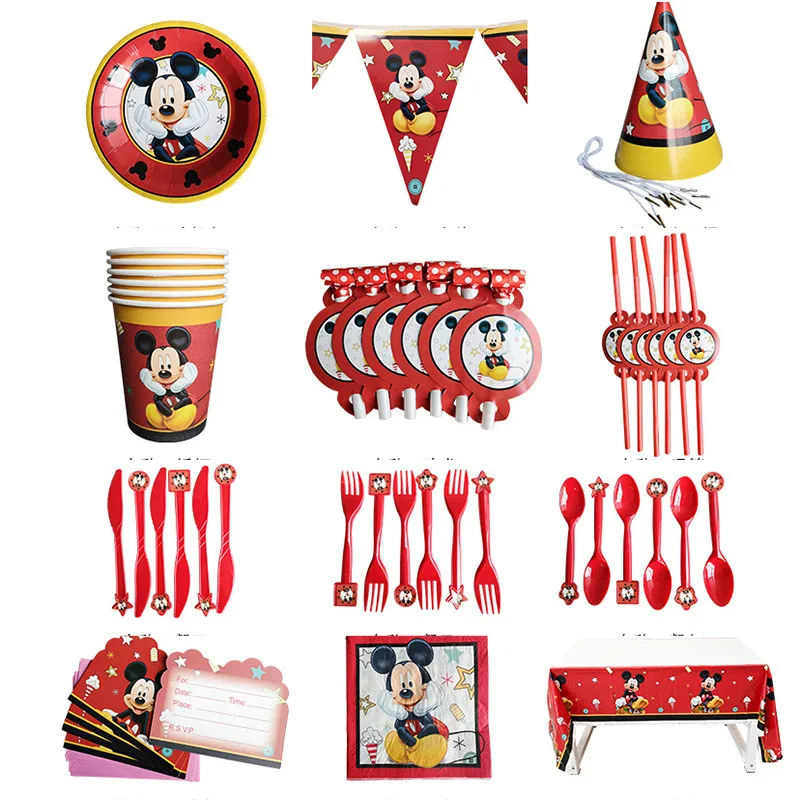 66pcs Red Mickey Mouse Theme Tableware Baby Children Birthday Party Supplies Decorations Boy Family Disposable Tableware Party