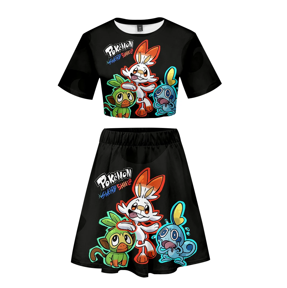 Pokemon Sword and Shield two piece set Short skirt suit Summer Umbilical Shirt Woman Fashion Casual Cool