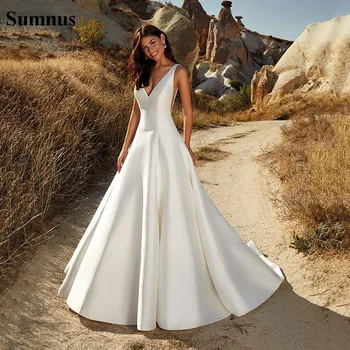 

Sumnus Simple Wedding Dresses Satin V Neck Big Bow A Line Country Wedding Dress Plus Size Abiti Da Sposa Custom made