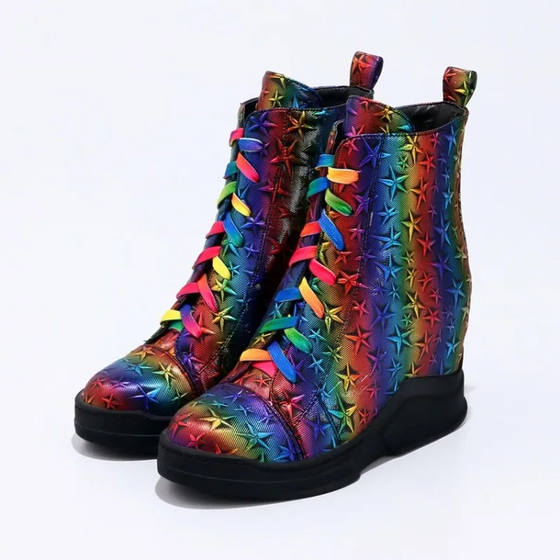

US4-11 Womens Pointed Toe Star Rainbow Colors Lace Up Ankle Boots Wedge High Heel Platform Punk Motorcycle Shoes Plus Size A1451