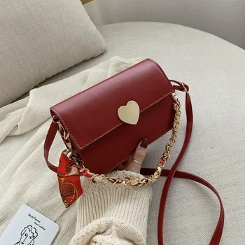 

2020 Vintage PU Leather Flap Crossbody Bags for Women Travel Handbag Female Chain Fashion Sequined Heart Shoulder Messenger Bag