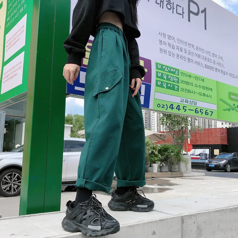 

Harajuku Streetwear Straight Cargo Pants Women Pockets Elastic High Waist Pants Button Casual Baggy Joggers Women Sweatpants New