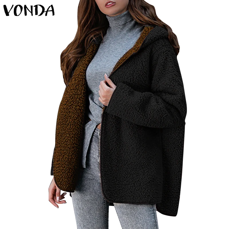 VONDA/женские осенне-зимние пальто с искусственным мехом, пальто с капюшоном, большие размеры, куртки с длинными рукавами, утепленный флисовый кардиган, пальто 5XL