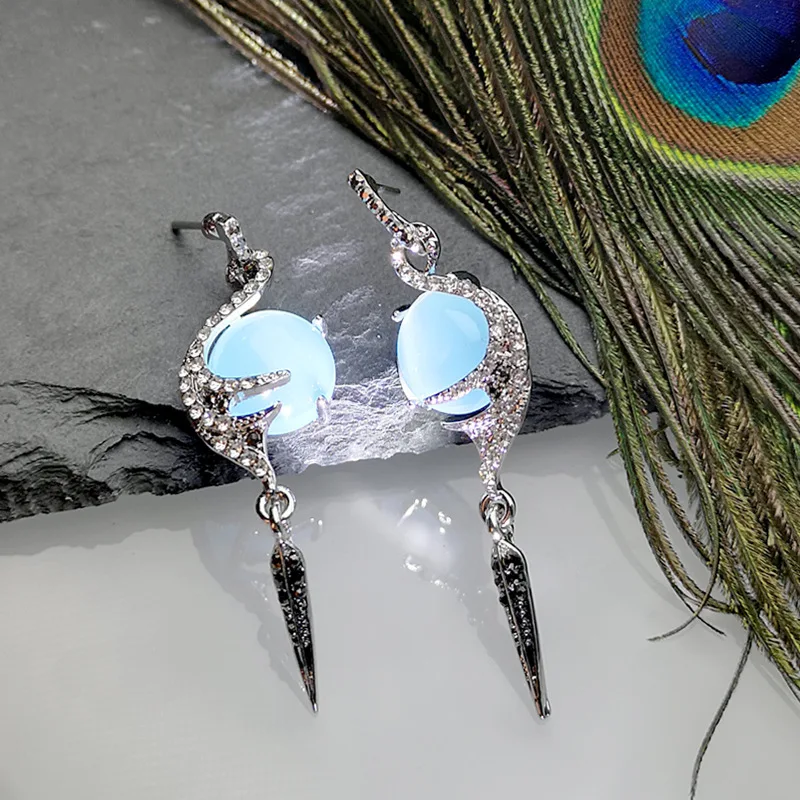 Серьги с лунным камнем Крылья Ангела длинные серьги синий кристалл серьги в форме листа для женщин винтажные элегантные свадебные украшения - Окраска металла: Blue