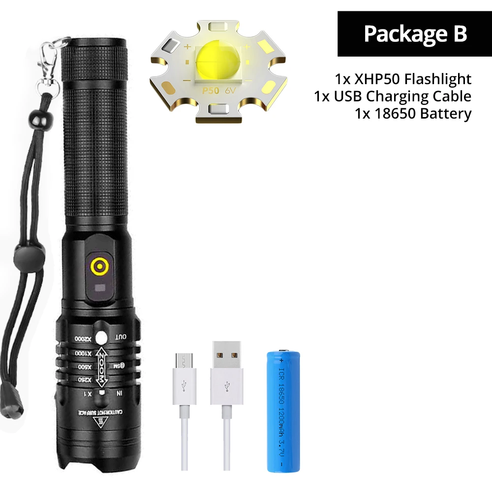 Высокий светильник XHP50 светодиодный вспышка светильник 3 светильник режим USB Перезаряжаемые Водонепроницаемый Масштабируемые можно заряжать телефон для использования вне помещений светильник Инж - Испускаемый цвет: Package B