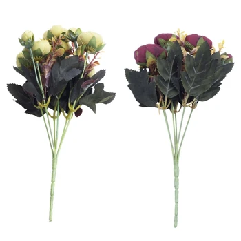 

2 Bouquet 18 Head Artificial Silk Cloth Fake Flowers Leaf Peony Floral Home Wedding Party Decor, Red & Green