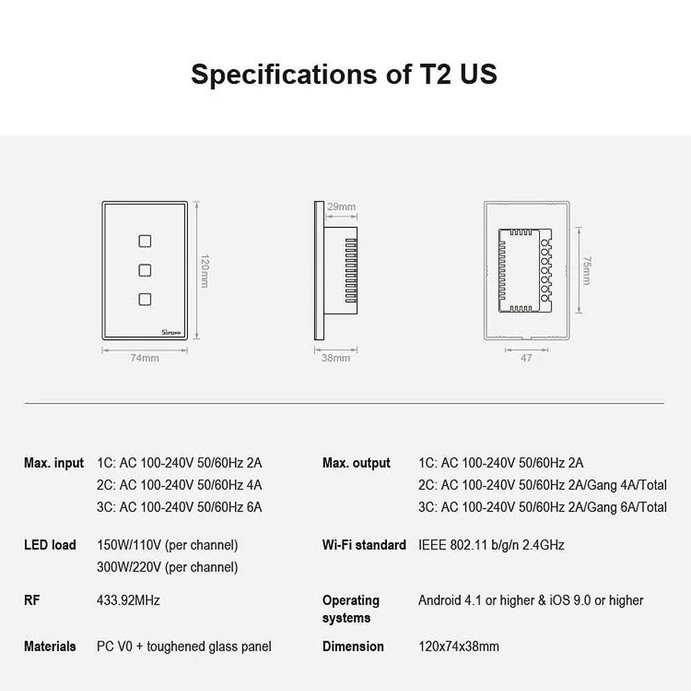 SONOFF T2US3C-TX 3 банды умный переключатель 433 МГц беспроводной контроль RF APP/сенсорный Таймер USCompatible с Google Home