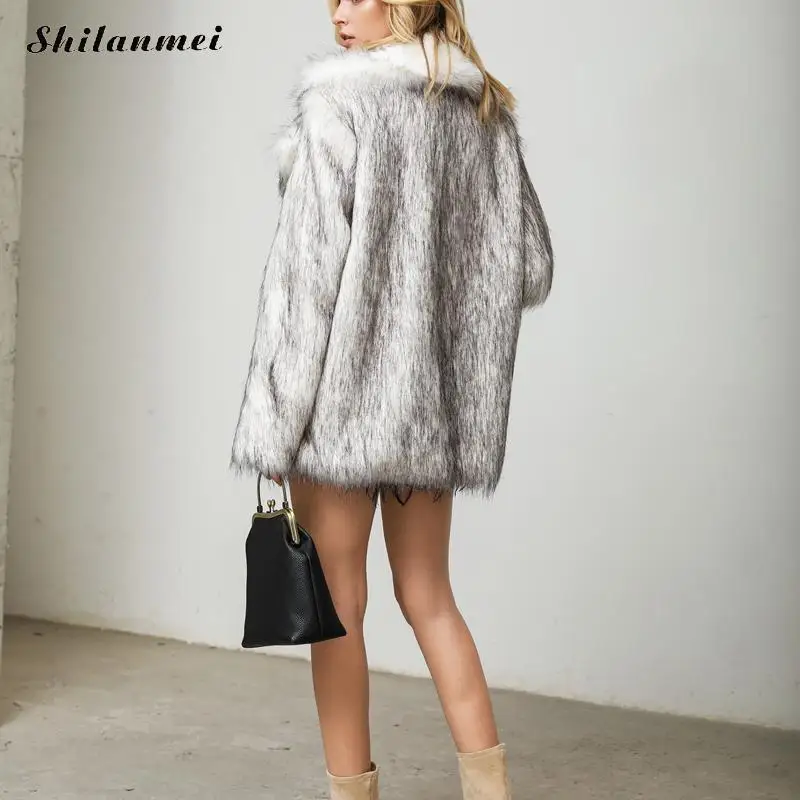 White Furry Faux Fur Coat Women Fashion Fur Collar Plus Size Fur Coat Elegant Flurry Party Club Outwear Thicken Winter Fur Coat