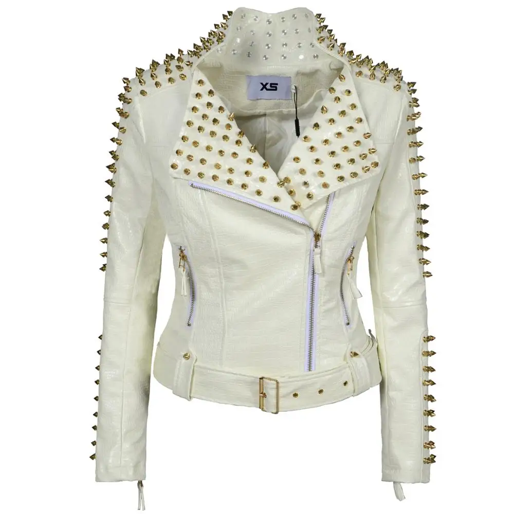 New Women's Fashion Punk Studded Perfectly Belt Coat Slim Fit Shaping PU Faux Leather  Biker Jacket Rivet Windbreak Outerwear unisex black white wide leather belt punk style metal spike studded chain punk rock waistband pu leather wide waistbands