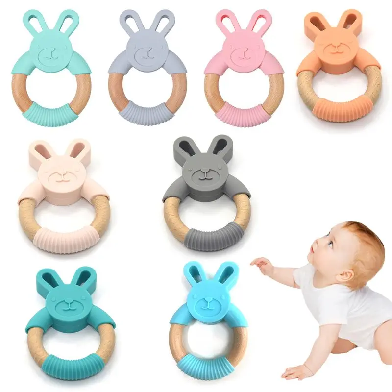 

NEWSilicone Rabbit Beech Wood Ring BPA Free Nursing Accessories Chewing Teether Circle Rattle Newborn Baby Shower Gifts Teethers