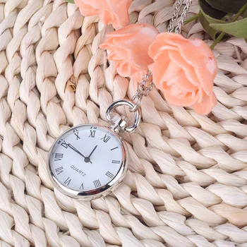 

2* Roman Numerals Round Dial Quartz Movement Silver White Hanging Chain Pocket Watch