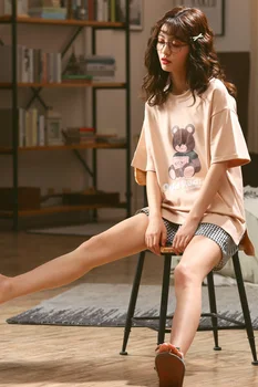 

2020.4 new light pink bear print cotton short girls home wear clothes women cartoon simple sleepwear