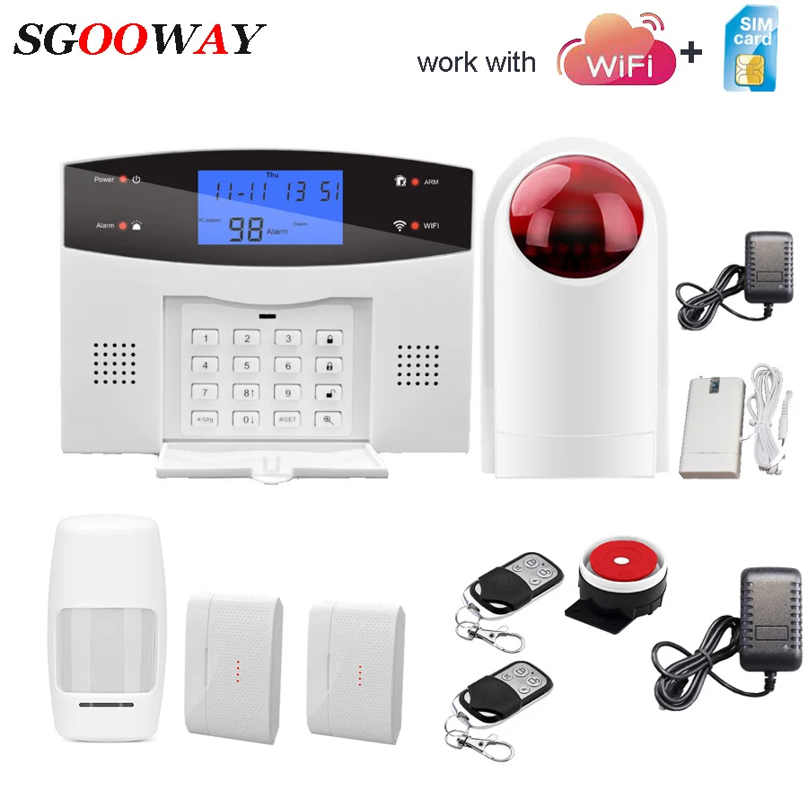 Sistema de Alarme sem Fio & com Fio Sgooway Wifi Pstn Detectores Alarme Casa Inteligente Relé Saída App Inglês – Russo Espanhol Francês Gsm