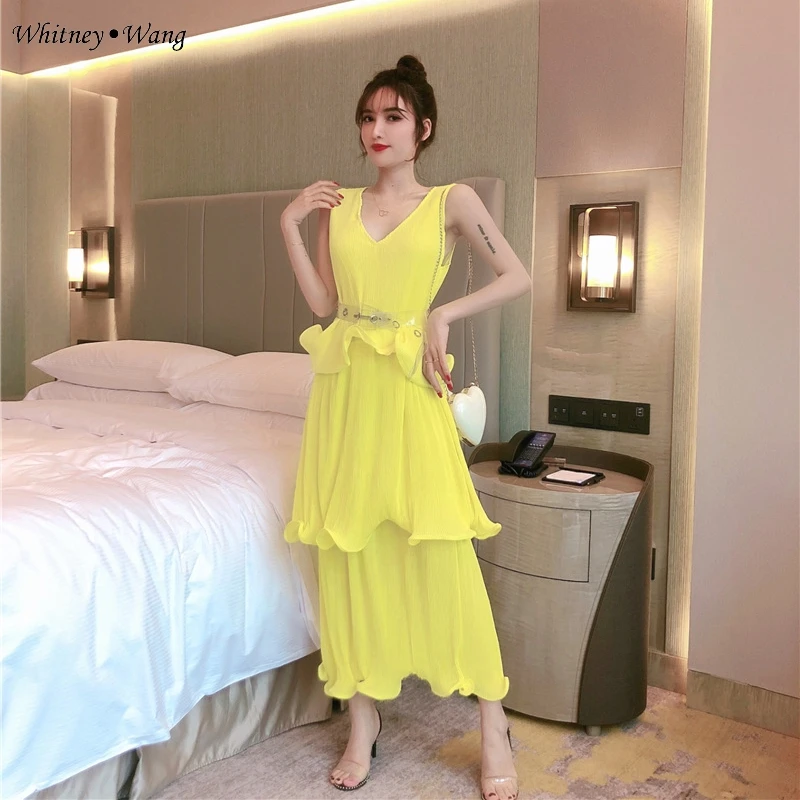 WHITNEY WANG Модное Элегантное Плиссированное шифоновое многослойное платье с v-образным вырезом женские вечерние платья