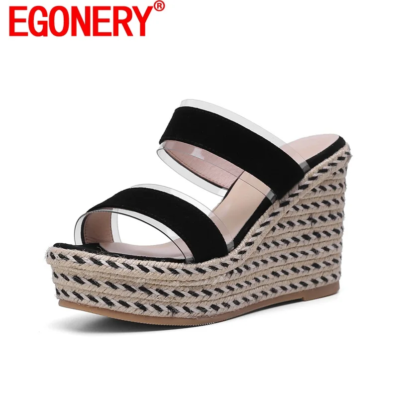 

EGONERY slippers women fashion heels brand shoes open toe summer wedges platform shoes genuinne leather super heel slippers